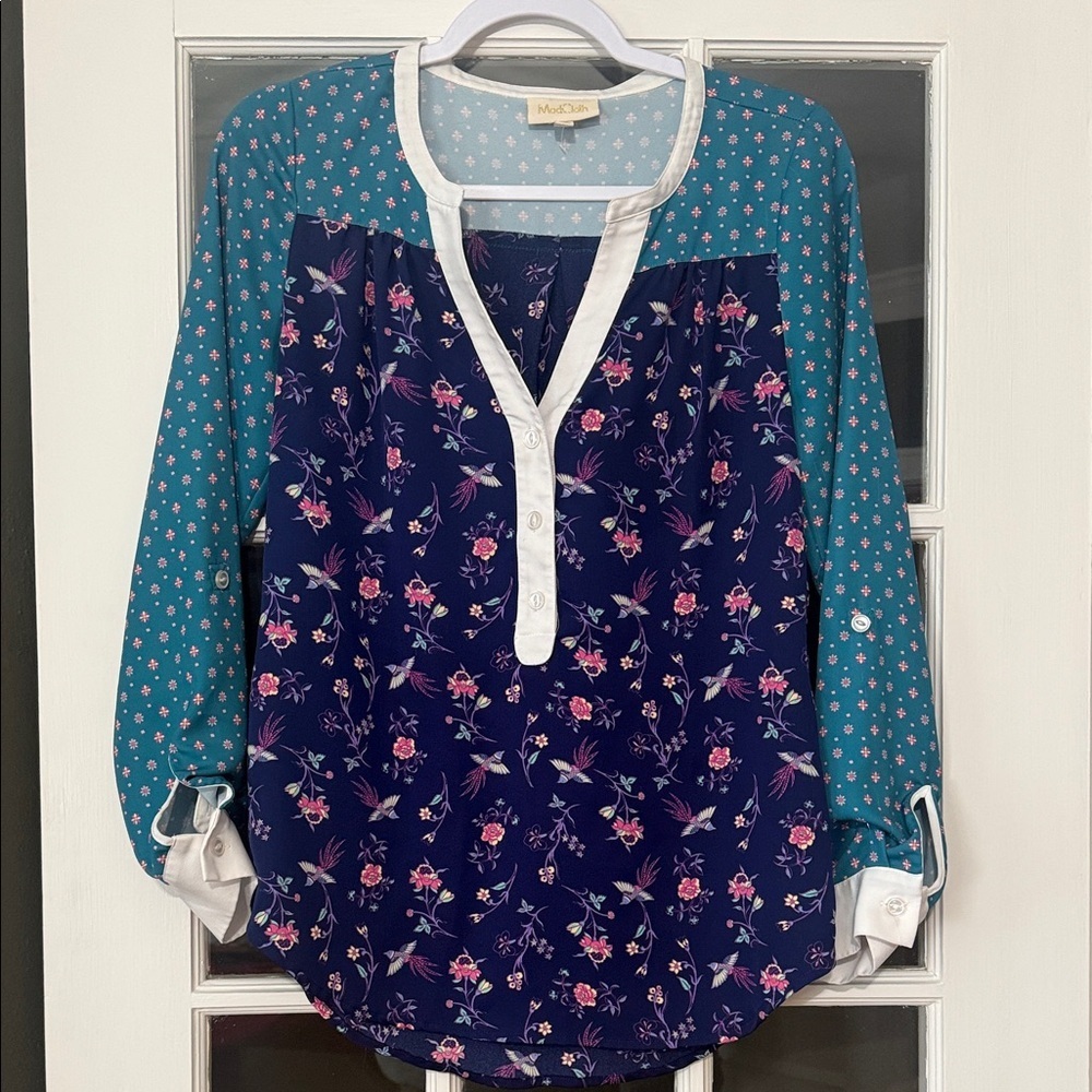 Modcloth Teal and Navy Floral Blouse